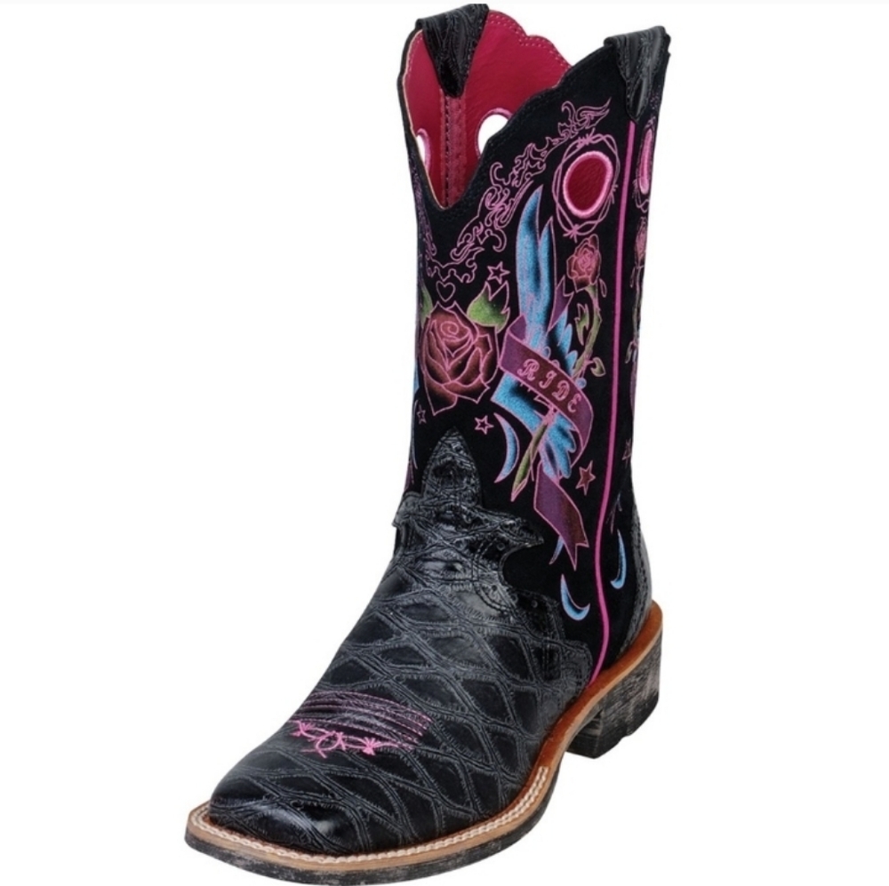 Ariat RodeoBaby Rocker Love Pink Roses Tatoo Western Cowgirl Heeled Boots Sz 11B